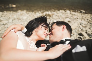 şık şık mutlu esmer gelin ve dağlarda güzel bir şelale arka plan üzerinde muhteşem damat