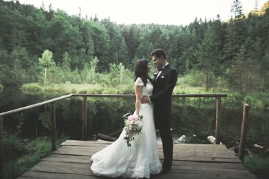 Sevimli gelin, dağlar ve günbatımı manzara Gölü üzerinde zarif damat. Muhteşem Düğün çifti