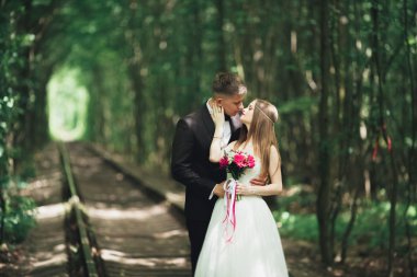 Genç düğün çift, gelin ve damat bir demiryolundan poz