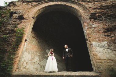 Şehvetli evli çift, eski Slav kalesinin önünde sevgililer günü kucaklaşması.