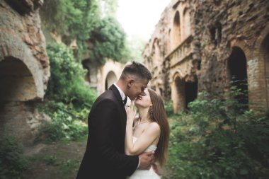 İnanılmaz mutlu nazik stil güzel romantik beyaz çift arka planda antik barok kalesinde