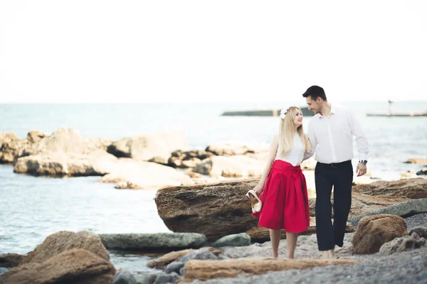 Charmante Braut, eleganter Bräutigam in der Landschaft der Berge und des Meeres wunderschönes Hochzeitspaar — Stockfoto