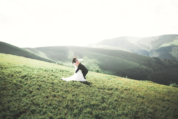 Casal de casamento beijando ficar sobre bela paisagem — Fotografia de Stock