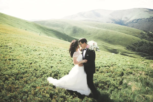Güzel düğün çift, gelin ve damat, arka planda dağların aşık — Stok fotoğraf