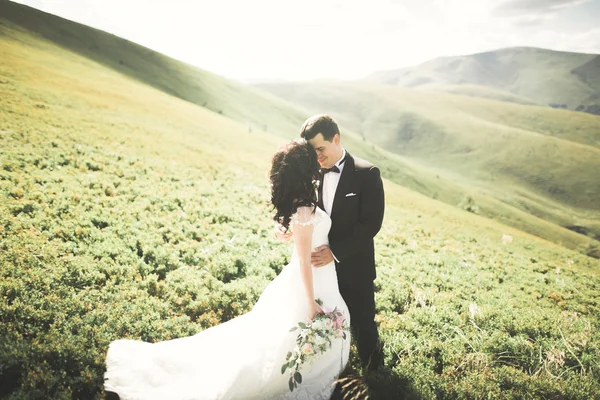 Casal de casamento beijando ficar sobre bela paisagem — Fotografia de Stock