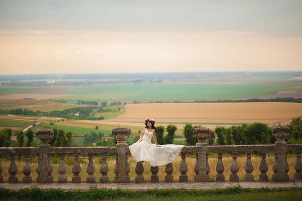 Magnifique romantique doux élégant belle mariée caucasienne sur le fond ancien château baroque — Photo
