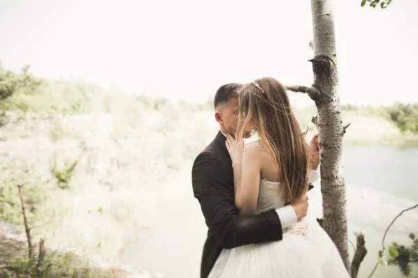 Verliebtes Hochzeitspaar küsst und umarmt sich in der Nähe von Felsen in schöner Landschaft — Stockfoto