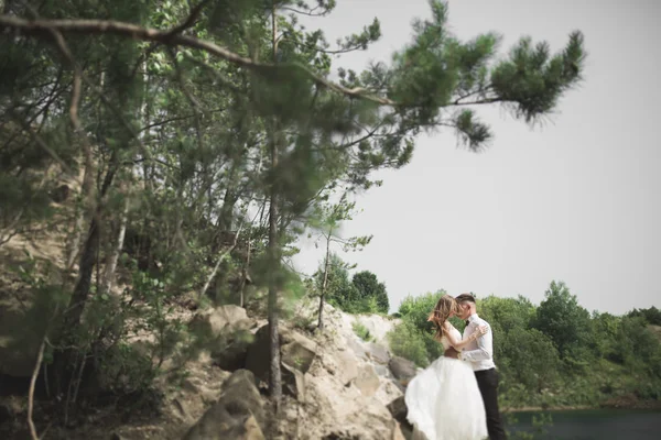 바위와 산에 아름 다운 결혼식 한 쌍 — 스톡 사진