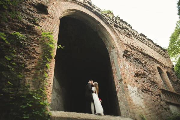 Pareja casada sensual, San Valentín abrazándose frente al viejo castillo eslavo —  Fotos de Stock