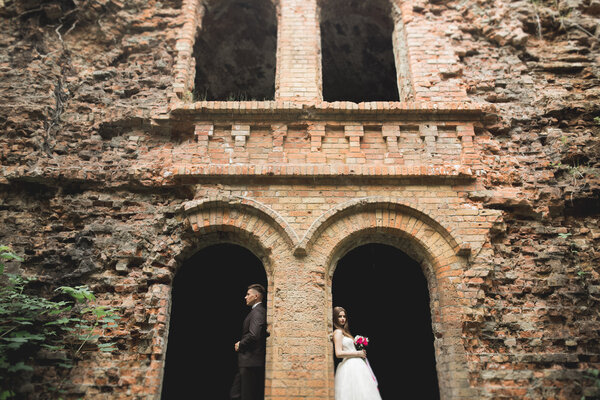 Просто женатые позы и поцелуи со старой крепостью на заднем плане
