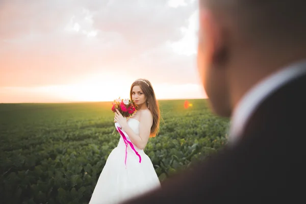 Retrato de close-up de noiva bonita com buquê de casamento isolado no fundo verde campo de verão natural — Fotografia de Stock