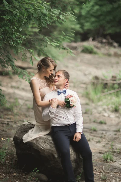 Elegante novio elegante y elegante novia cerca del río con piedras. Pareja de boda enamorada — Foto de Stock