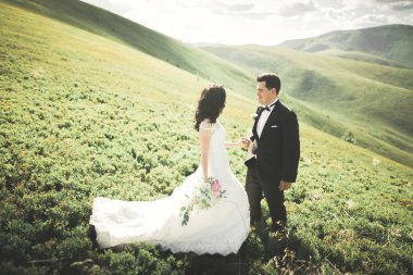 Güzel düğün çift, gelin ve damat, arka planda dağların aşık