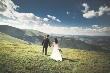 Güzel düğün çift, gelin ve damat, arka planda dağların aşık