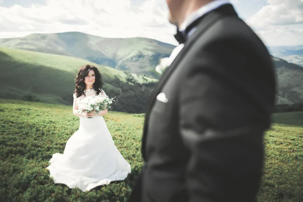 美しい豪華な花嫁は新郎にポーズをとって、素晴らしい景色、テキストのためのスペース、結婚式のカップルを持つ山で楽しい、豪華な儀式を持っています — ストック写真