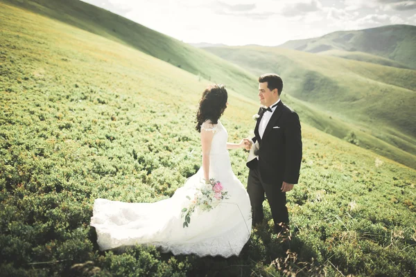 Güzel düğün çift, gelin ve damat, arka planda dağların aşık