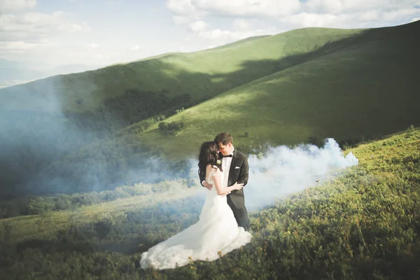 Güzel, mutlu gelin ve şık damat güneşli, çarpıcı dağların arka planında poz veriyor.