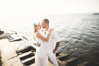 Deniz, mavi gökyüzü yakınındaki taş poz romantik sevgi dolu Çift