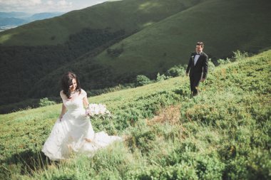 Güzel, mutlu gelin ve şık damat güneşli, çarpıcı dağların arka planında poz veriyor.