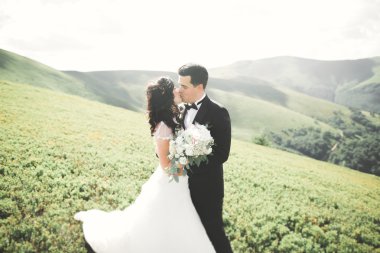 Öpüşen düğün çifti güzel manzarada kalıyor.