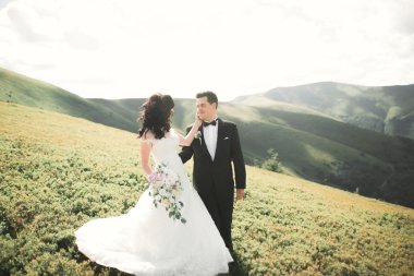 Harika bir gelin damada poz veriyor ve harika manzaralı dağlarda lüks bir tören yapıyor.