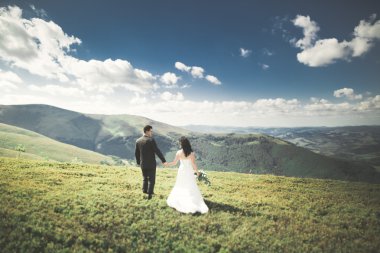 Güzel, mutlu gelin ve şık damat güneşli, çarpıcı dağların arka planında poz veriyor.