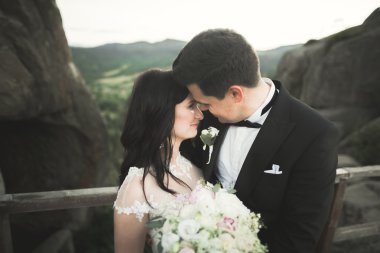 Muhteşem gelin, damat öpüşme ve sarılma Gösterim çarpıcı uçurum yakın: