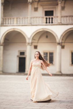 Güzel kız modeli sütunları yakınındaki eski kale poz uzun saçlı. Krakow Vavel