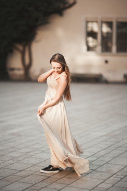 Güzel kız modeli sütunları yakınındaki eski kale poz uzun saçlı. Krakow Vavel