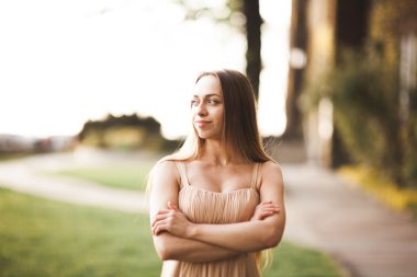 Uzun elbise dışında onun zaman içinde park günbatımı geçmiş zevk çekici genç kadın