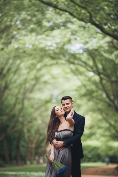 Fiatal gyönyörű pár, lány pózol park tökéletes ruha — Stock Fotó
