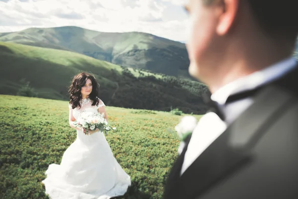 Młoda para nowożeńców, narzeczona i pan młody całujący się, przytulający się na doskonały widok na góry, błękitne niebo — Zdjęcie stockowe