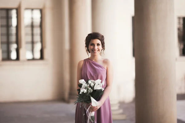 Wedding, bride stands next to old castle in Vavel, Krakow — Stock Photo, Image