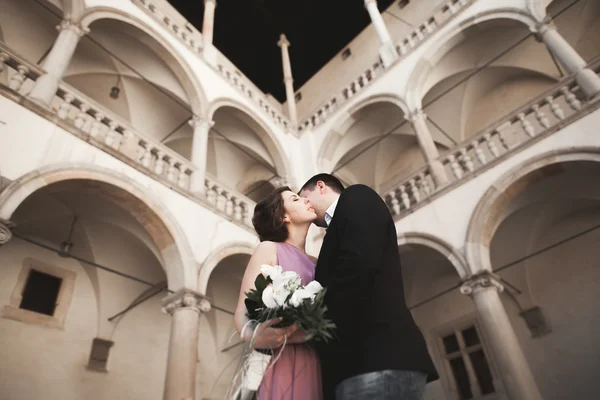 Feliz pareja de boda, novio, novia con vestido rosa abrazándose y sonriendo entre sí en las paredes de fondo en el castillo —  Fotos de Stock