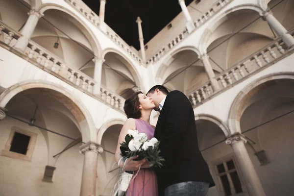 Happy wedding couple, groom, bride with pink dress hugging and smiling each other on the background walls in castle — Stock Photo, Image