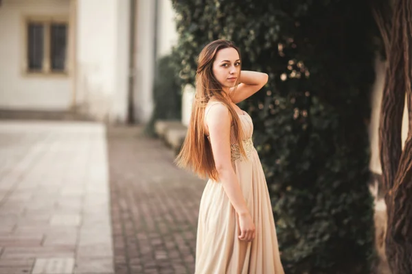 Piękna dziewczyna z długimi włosami pozowanie w pobliżu drzewa w vavel Kraków — Zdjęcie stockowe