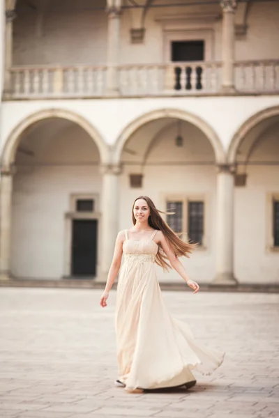Красивая девушка, модель с длинными волосами позирует в старом замке возле колонн. Вавель Кракова — стоковое фото