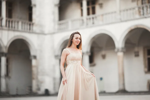 Hermosa chica, modelo con el pelo largo posando en el viejo castillo cerca de columnas. Cracovia Vavel — Foto de Stock