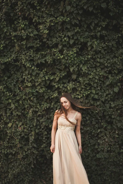 Mooi meisje, model in de buurt van de muur van bladeren en struiken in het park — Stockfoto