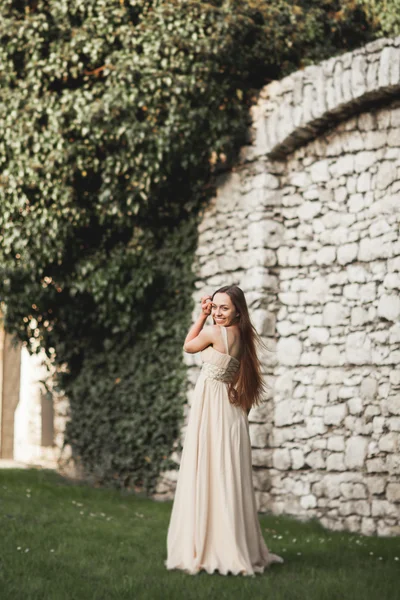 Belle fille, modèle avec les cheveux longs posant dans le parc près du grand mur. Vavel de Cracovie — Photo