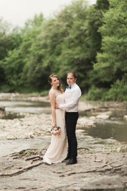 Güzel düğün çifti bir dağ nehrinin kıyısında taşlarla öpüşüp kucaklaşıyorlar.