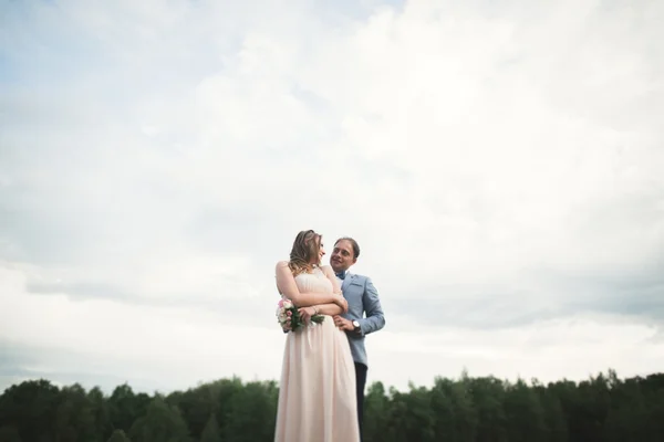 Pareja de boda, novia, novio caminando y posando en el muelle — Foto de Stock