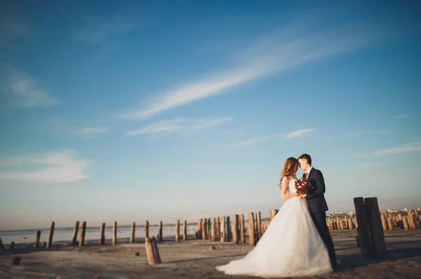 Casal feliz elegante elegante, noiva, lindo noivo no fundo do mar e do céu — Fotografia de Stock