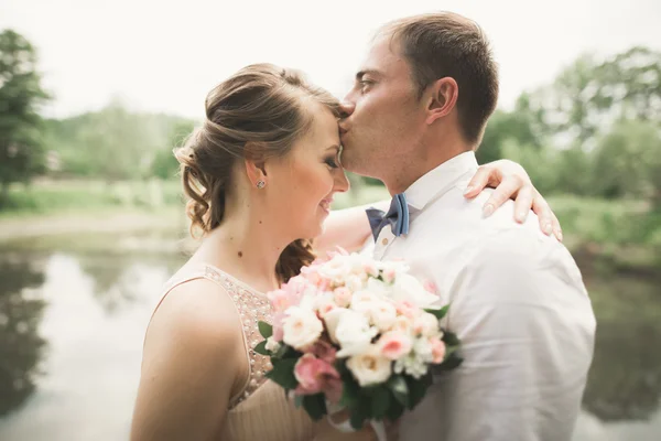 Feliz boda pareja abrazándose y sonriendo el uno al otro en el lago de fondo, bosque — Foto de Stock