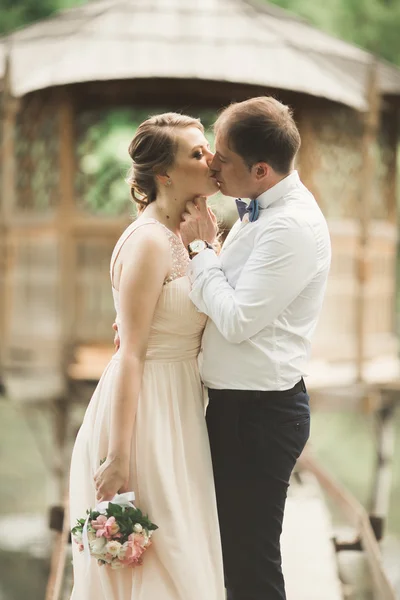 Novio besos novias frente mientras ella se inclina a él sonriendo —  Fotos de Stock