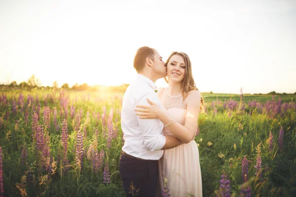 Beau couple de mariage, amour au coucher du soleil. Fielf aux fleurs — Photo