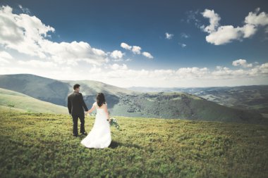 Öpüşen düğün çifti güzel manzarada kalıyor.