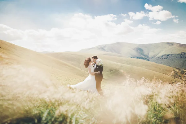 Casal de casamento bonito, noiva e noivo, apaixonado no fundo das montanhas — Fotografia de Stock