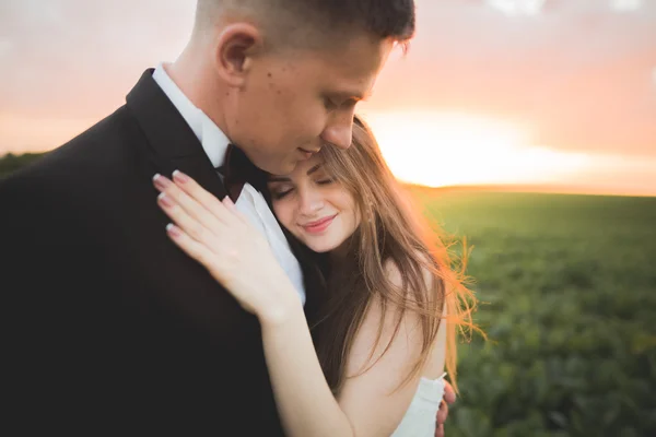 Novio está sosteniendo y besando a su novia en el fondo puesta de sol — Foto de Stock