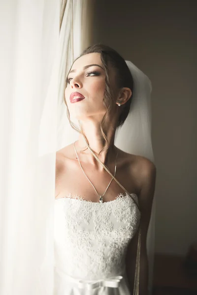 Retrato de novia hermosa con velo de moda en la mañana de la boda. — Foto de Stock